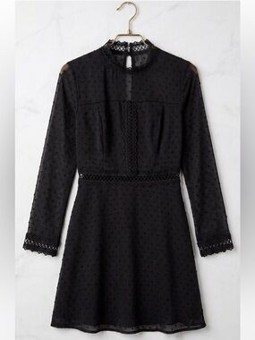 NWT• Francesca's Miami Black Swiss Dot Lace Trim Mini Dress Long Sleeve XS